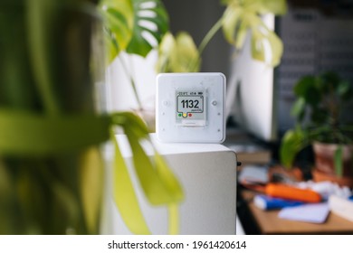 CO₂ Sensor Monitor. Indoor Air Quality Sensor. Healthy Work Environment. Work From Home. Control Proper Ventilation In Your Levels Airflow In The Room. Carbon Dioxide Levels And Airflow. Smart Home