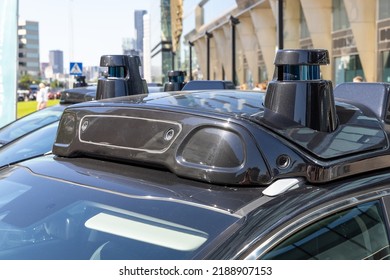Sensors, cameras and lidars on the roof of a self-driving car. Close-up. Self-driving car testing