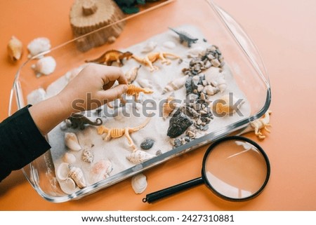 Sensory bin for child's play close-up, dinosaur and shells excavation.