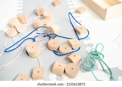 Sensory Integration Therapy - Wooden Geometric Beads For Stringing For Preeschool (close Up Picture)