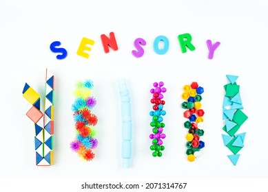 Sensory word and sensory toy for kid. Sensory training, fine motor skills, sensory integration, dysfunction and processing disorder. Creativity, occupational therapy, early education