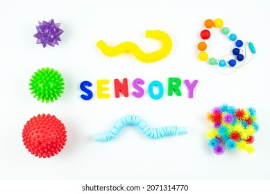 Sensory word and sensory toy for kid. Sensory training, fine motor skills, sensory integration, dysfunction and processing disorder. Creativity, occupational therapy, early education