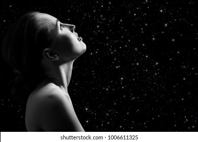 Sensual Aroused Woman Looking Up On Stars Background Monochrome