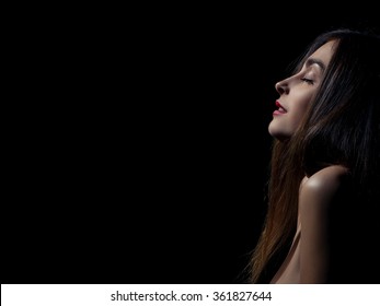 Sensual Aroused Woman On Black Background With Copyspace