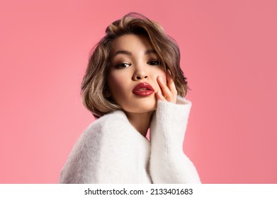 Sensual Attractive Young Woman With Modern Make Up, Smooth Skin Posing On Pink Studio Background With Copy Space. Advertisement Of Make-up Cosmetics And Skincare Products For Woman Beauty.