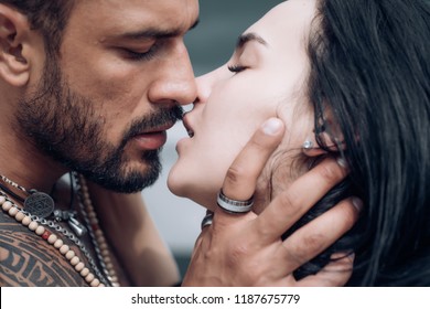 Sensual couple kiss. I Love You. Couple In Love. Romantic and love. Intimate relationship and sexual relations. Dominant man. Closeup mouths kissing. Passion and sensual touch
