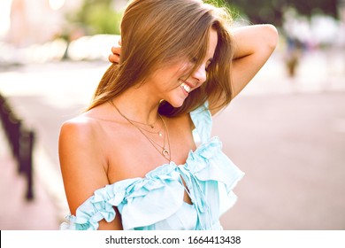 Sensual elegant lady woman wearing stylish boho top, natural beauty portrait, soft colors.