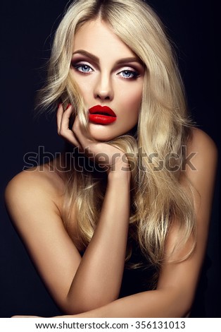 sensual glamour portrait of beautiful blond woman model lady with bright makeup and red lips , Sensual Glamour Portrait Beautiful Blond Woman Stock Photo (Edit Now ...