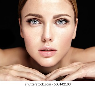 Sensual Glamour Portrait Of Beautiful Woman Model Lady With No Makeup And Clean Healthy Skin  On Black Background