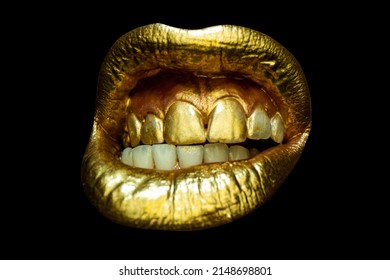 Sensual Golden Woman Lips. Aggressive Angry Mouth. Womans Gold Lip. Female Mouth Close Up.