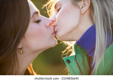 Sensual Lips Kisses Of Two Beautiful Sexy Lesbian Women. Passion And Sensual Touch. Two Beautiful Sexy Lesbians In Love. Kiss Close Up.