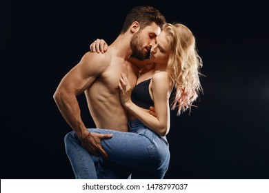 Sensual Man And Woman Having Erotic Games. Close Up Photo. Strong Desire Concept, Isolated Black Background