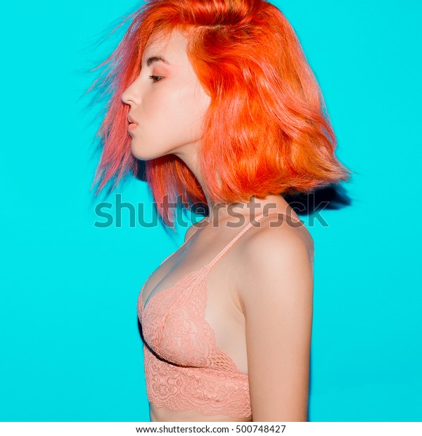 Sensual Model Girl with Orange Hair fashion, mix\
colors trend