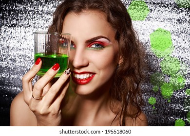 Sensual Woman With Creative Make-up And Glass Of Alcohol, Cocktail Party, Absinthe Party