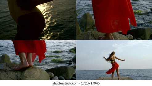 Sensual Woman Is Dancing Alone On Coast Of Sea, Sexy Body And Movements, Collage