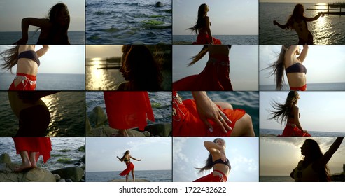 Sensual Woman Is Dancing Alone On Sea Beach In Summer, Collage