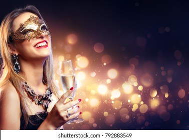 Sensual Woman With Golden Mask And Champagne - Masquerade Party
