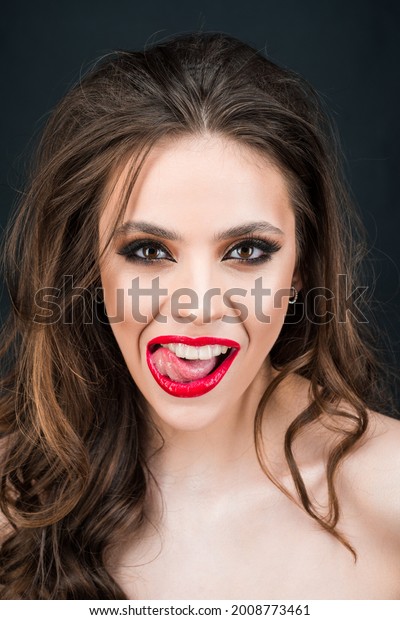 Sensual Woman Open Mouth Tongue Touches Stock Photo 2008773461 ...