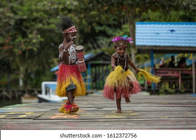 Sentani, Papua, Indonesia - September 1, 2019 : 
Two small child participants at the yokiwa art festival