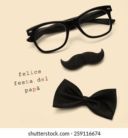 Sentence Felice Festa Del Papa, Happy Fathers Day Written In Italian, And Black Eyeglasses, Mustache And Bow Tie Forming A Man Face In A Beige Background