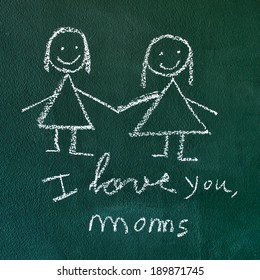 The Sentence I Love You, Moms Handwritten With Chalk In A Chalkboard, With A Drawing Of A Lesbian Couple