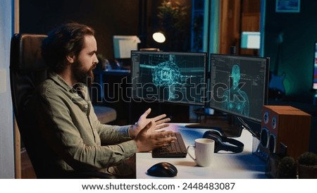 Sentient Ai gains humanoid form inside computer, waving hand, greeting its creator. Self aware artificial intelligence saluting programmer after becoming autonomous and achieving singularity, camera B