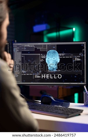 Sentient AI interacting with computer engineer, greeting him after modifying own source code. Self aware artificial intelligence becoming alive, saluting IT professional working from home
