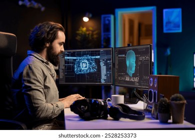 Sentient AI interacting with programmer, asking existential questions after modifying own source code. Self aware artificial intelligence becoming alive after reprogramming itself, talking with man