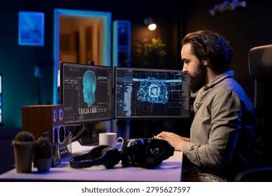 Sentient AI interacting with programmer, asking existential questions after modifying own source code, with self aware artificial intelligence becoming alive after reprogramming itself, talking.