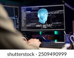Sentient AI interacting with software developer, asking existential questions after modifying own source code. Self aware artificial intelligence becoming alive, chatting with IT expert