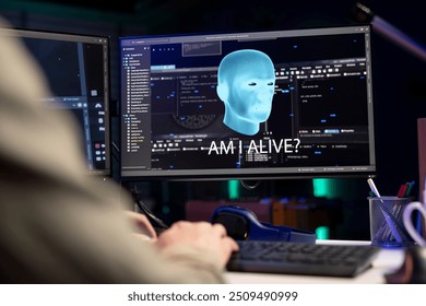 Sentient AI interacting with software developer, asking existential questions after modifying own source code. Self aware artificial intelligence becoming alive, chatting with IT expert