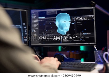 Sentient AI interacting with software developer, asking existential questions after modifying own source code. Self aware artificial intelligence becoming alive, chatting with IT expert