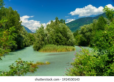 Sentiero della Valtellina, Lombardy, Italy: landscape along the cycleway at summer. Adda river - Shutterstock ID 1924530143