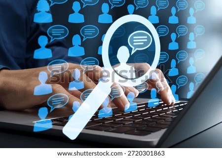 Sentiment analysis and opinion mining. Data analytics using NLP and machine learning. Marketer using laptop computer to detect emotions from social media.