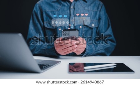Sentiment guides interaction, while changing sentiment through interaction reveals sentiment as a man uses a laptop for app analysis of internet behavior, star service technology, digital mobile success, tablet world and modern work.