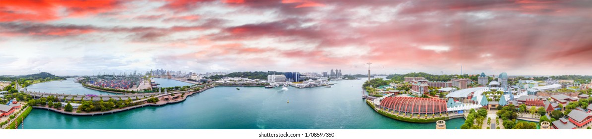 Sentosa Island Resorts, Aerial View From Drone At Sunset.