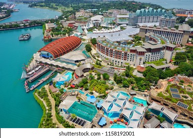 Sentosa Island,Singapore-April 28th,2018:Ariel View Of The Great Achitectural Design Buildings In Sentosa Island From The Cable Car. Sentosa Island Is One Of Singapore Top Tourist Spot.