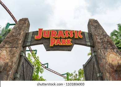 Sentosa, Singapore - March 2, 2018: JURASSIC PARK RAPIDS ADVENTURE theme park attraction of The Lost World in Universal Studios Enjoy a thrilling river raft ride through primeval dinosaur habitats