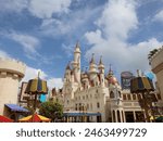 Fairy tale castle at the Universal Studios on Sentosa. Step into the fairytale kingdom of Far Far Away with castles, green ogres, a talking donkey and magic potions.