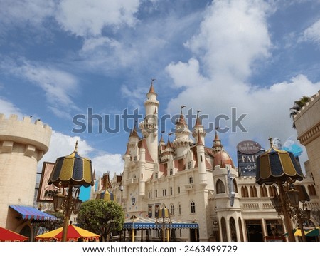 Fairy tale castle at the Universal Studios on Sentosa. Step into the fairytale kingdom of Far Far Away with castles, green ogres, a talking donkey and magic potions.