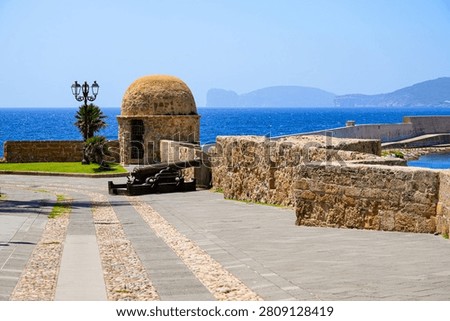 Sentry box of the Lantern Tower along the historic city walls of Alghero on the coast of the Mediterranean Sea in Sardinia, Italy