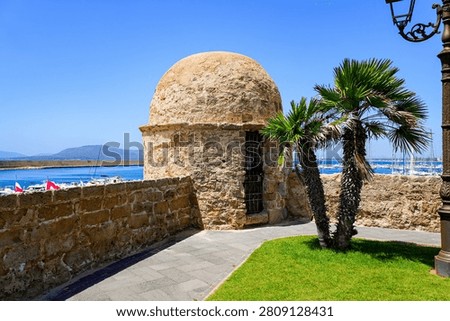 Sentry box of the Lantern Tower along the historic city walls of Alghero on the coast of the Mediterranean Sea in Sardinia, Italy