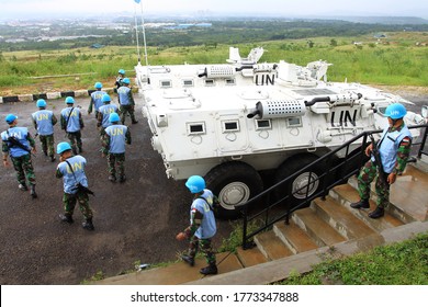 Sentul, West Java, Indonesia - April 6th, 2013: Indonesia's UN Peacekeeper Troops With Their White Battle Tank