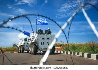 Sentul, West Java Indonesia - May 18th, 2011 :  Indonesia's UN Peacekeeping Force With Barbed Wire Fence In The Foreground 