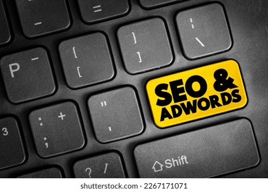 Seo and Adwords text button on keyboard, business concept background