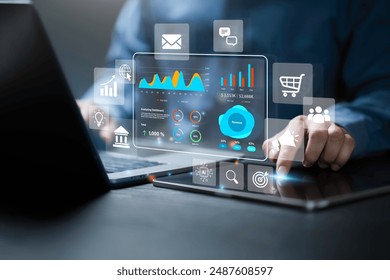 SEO and analysis Digital Marketing strategy of commerce online sale. Promotion of products or services through digital channels search engine, social media, email, website. Digital marketing conce