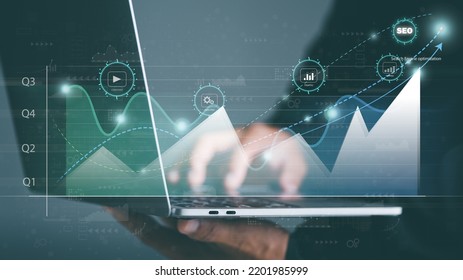 SEO Concepts Optimization Analysis Tool Search engine rankings social media sites based on results analysis data,customers use keywords to link products,business people holding laptops showing graphs