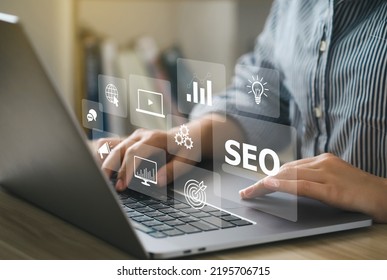SEO Concept.Women using a computer with SEO icon for analysis SEO Search Engine optimizing your website to rank in search engines or SEO. best promoting ranking traffic on your website. - Shutterstock ID 2195706715