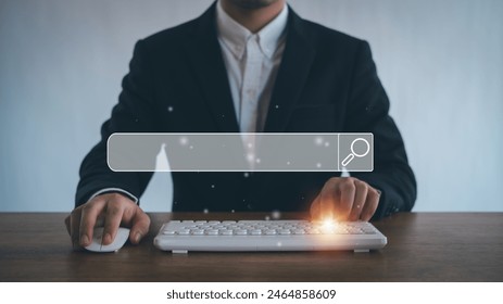 SEO Data Search Technology Search Engine Optimization.  search engine optimization, man's hand using laptop to search information, using bar function on your website.