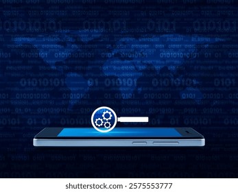 seo icon on modern smart mobile phone screen over world map and computer binary code blue background, Search engine optimization concept, Elements of this image furnished by NASA